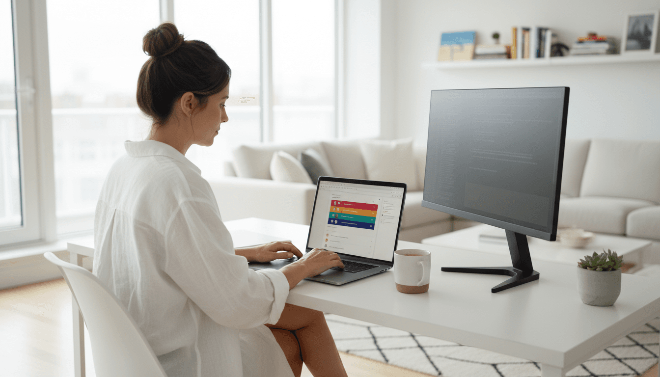 Professional web designer developing a website on laptop in a modern workspace