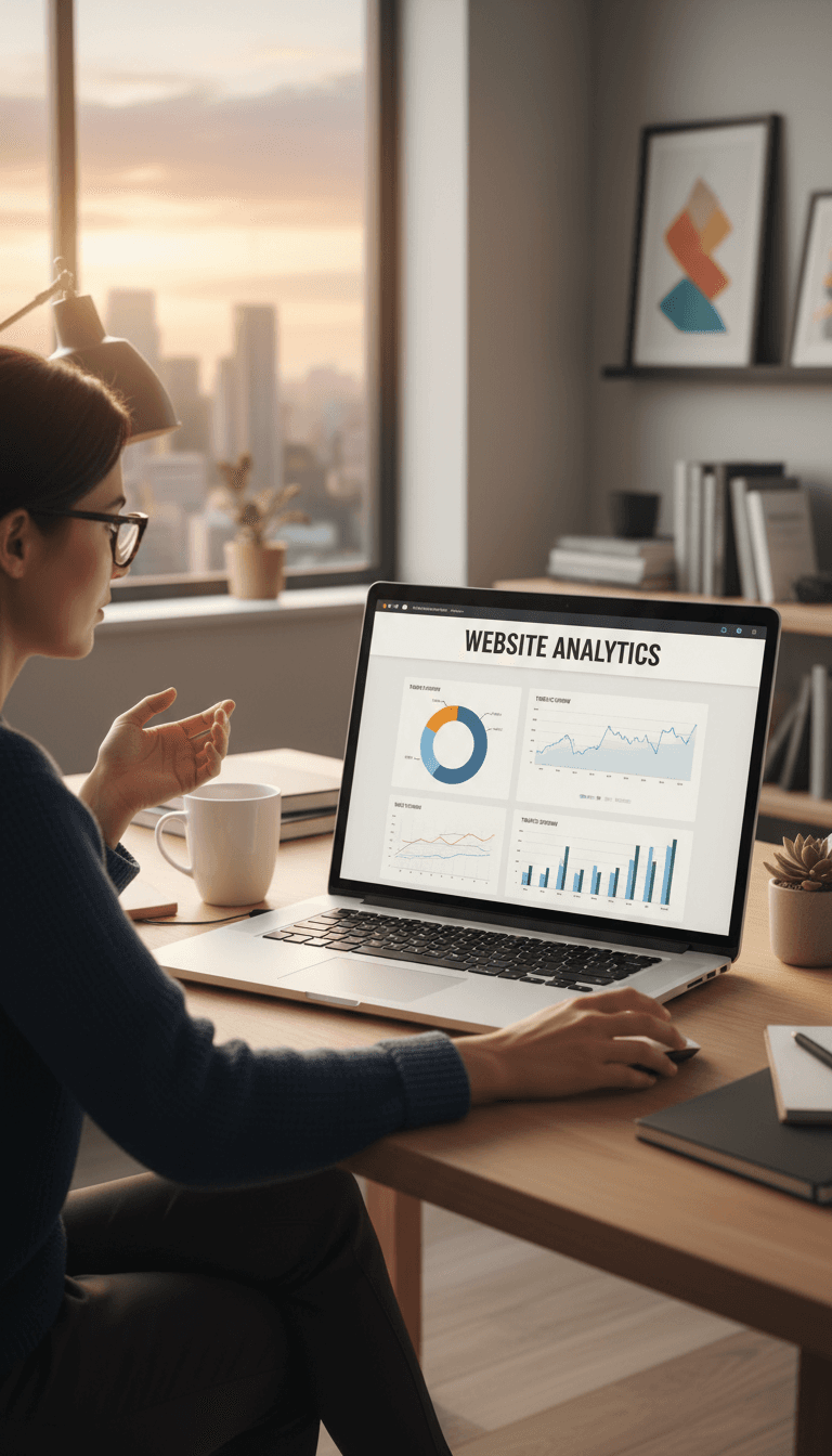 Professional reviewing website data and analytics on laptop screen