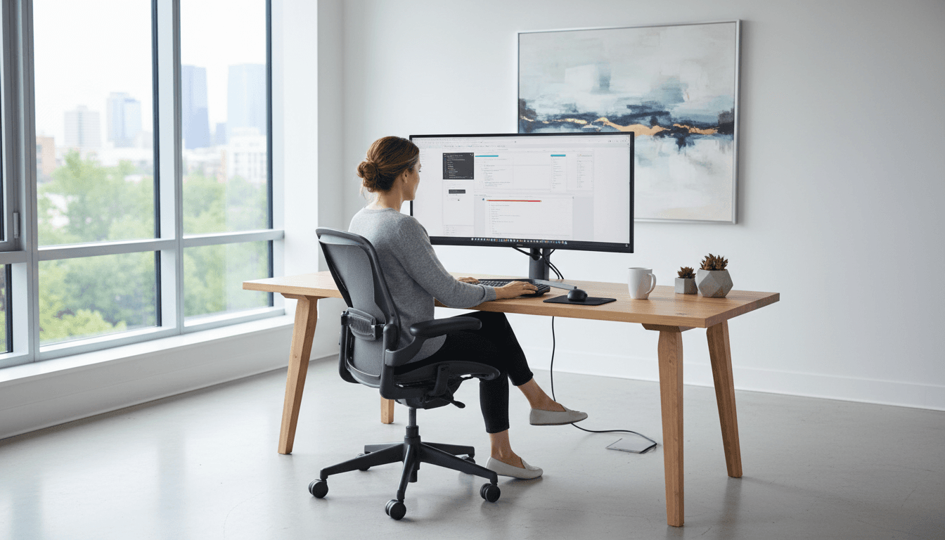 Web designer at desk working on website design with professional modern office environment