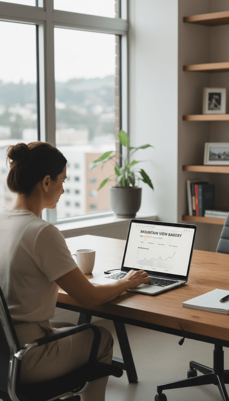 Small business owner optimizing Google Business Profile listing on computer