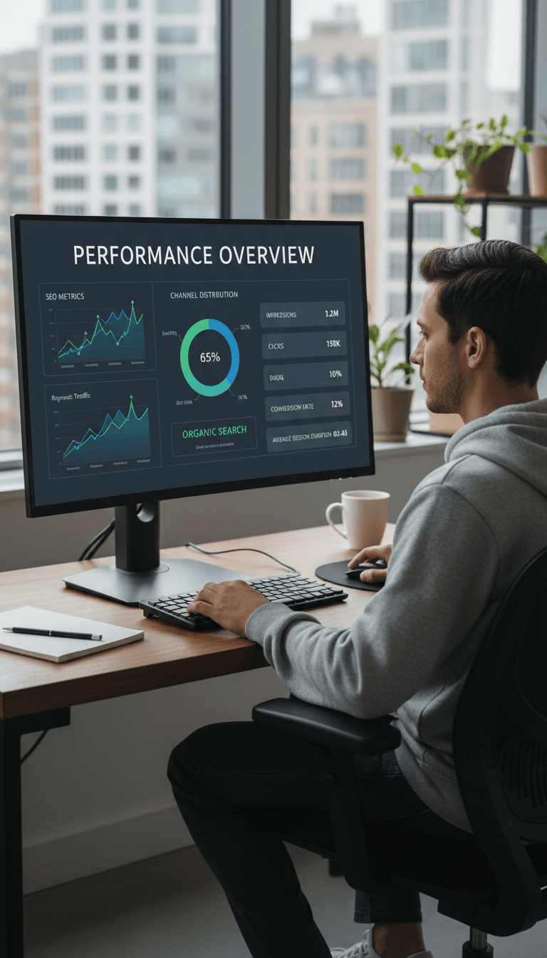 SEO specialist reviewing website analytics and keyword rankings on computer