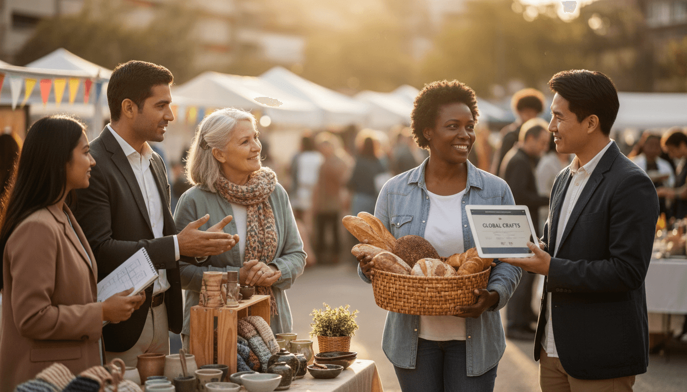 Diverse group of small business owners displaying products together in welcoming marketplace community setting