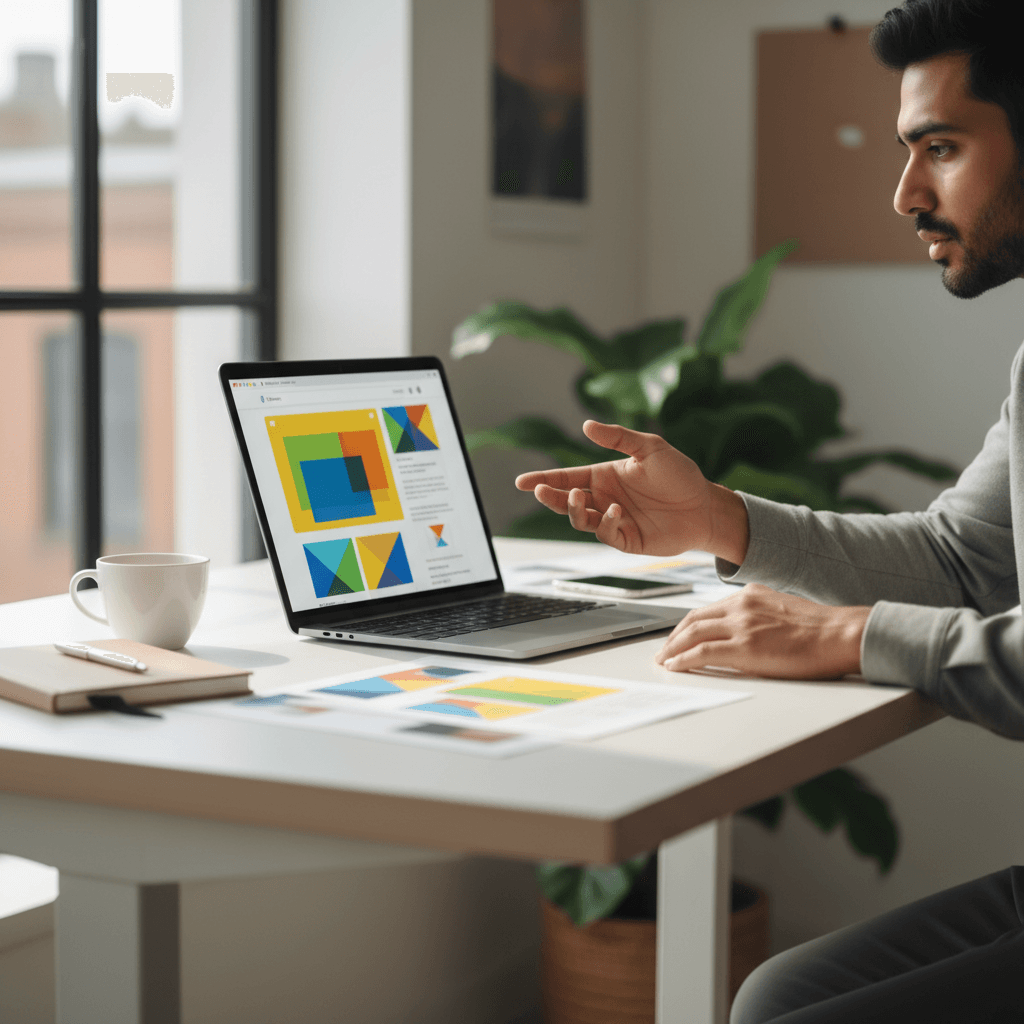 Professional designer working on website project at modern desk with laptop